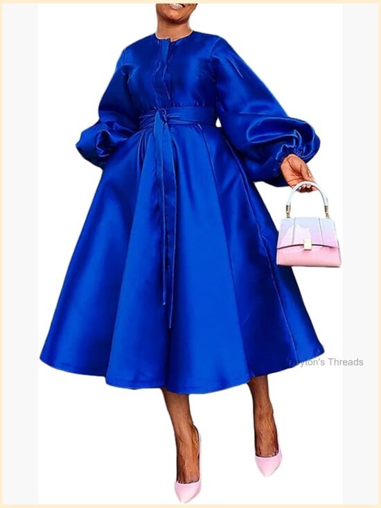 Dresses & Skirts - Long Sleeve Satin Dress Button Flowy A Line Formal Cocktail Dress with Belt